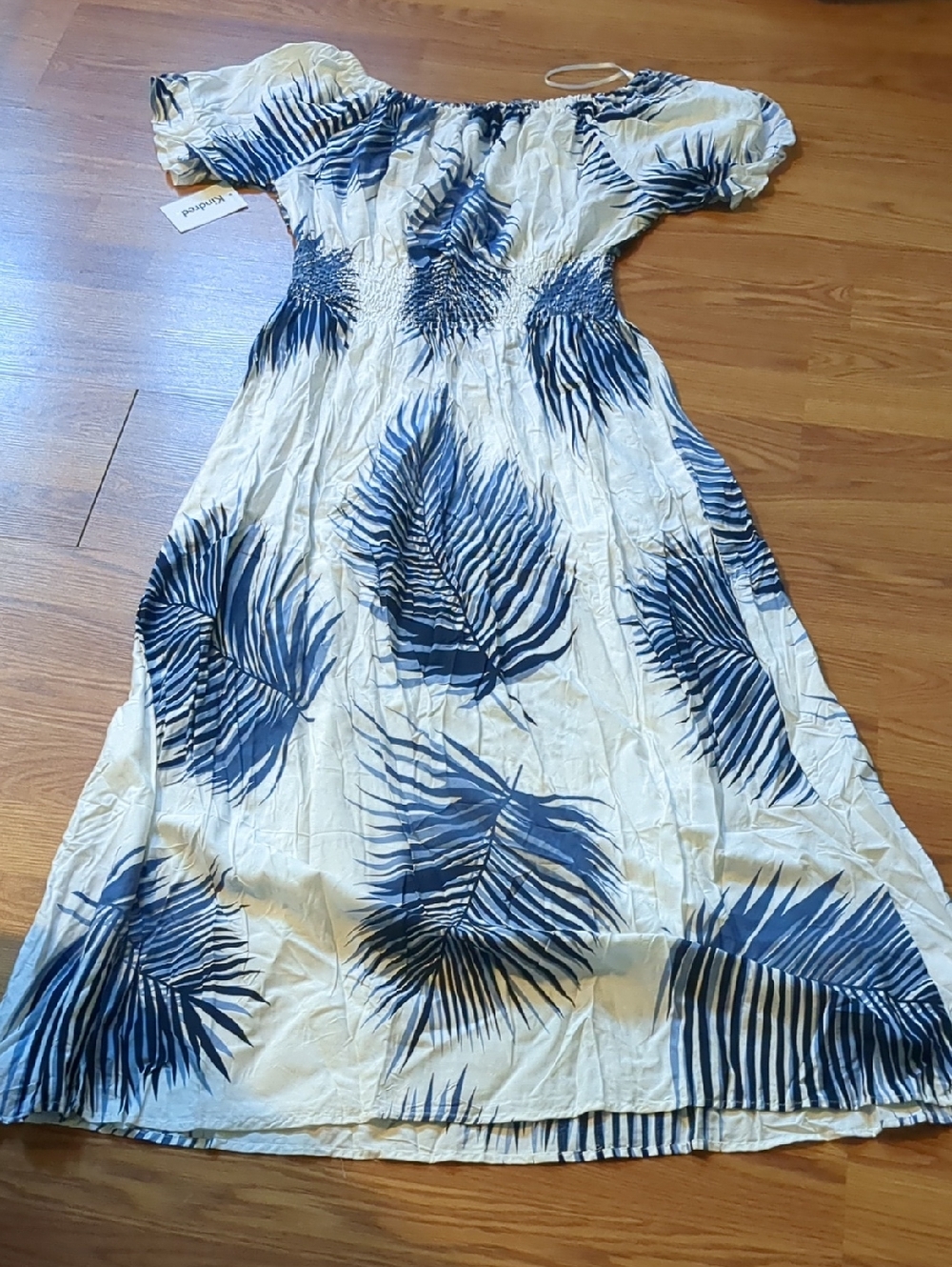 Kindred by Anthropologie Tropical Blue Palm Leaf Smocked Maxi Dress